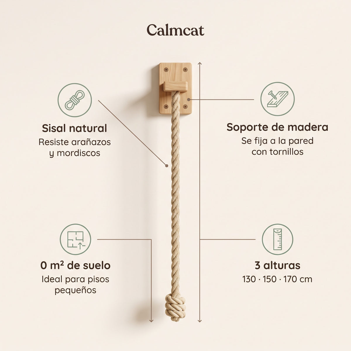 Características de la cuerda Calmcat: sisal natural, soporte de madera, 3 alturas
