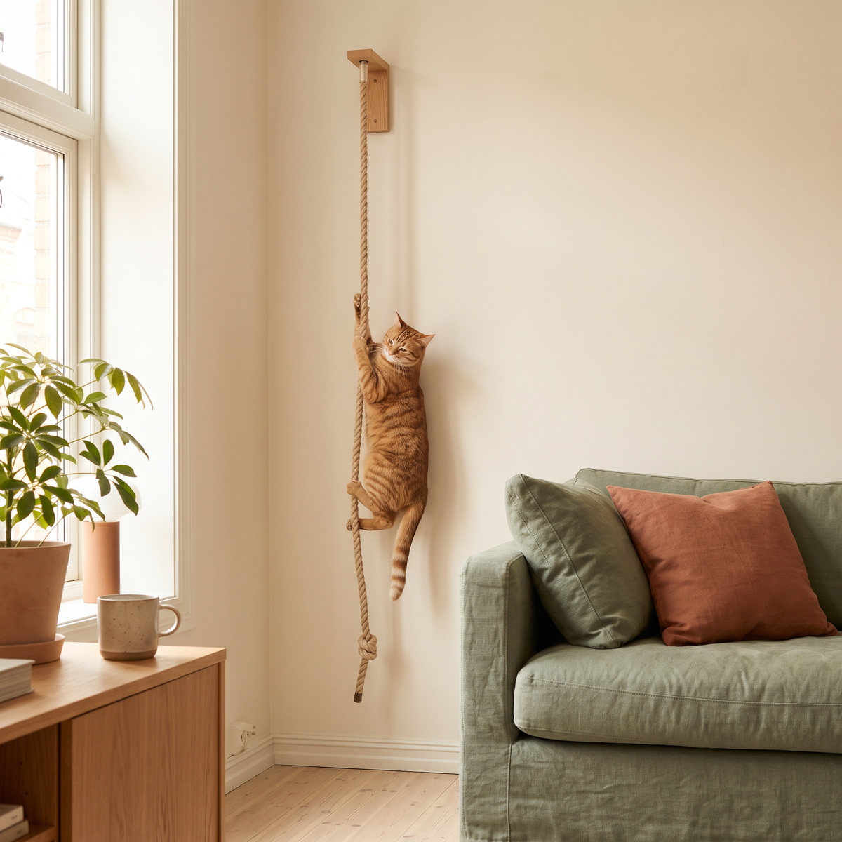 Gato trepando por la cuerda de sisal Calmcat fijada en la pared del salón